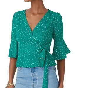 BB DAKOTA - Bright Green & White Polka Flared Sleeve Wrap Blouse Size Small